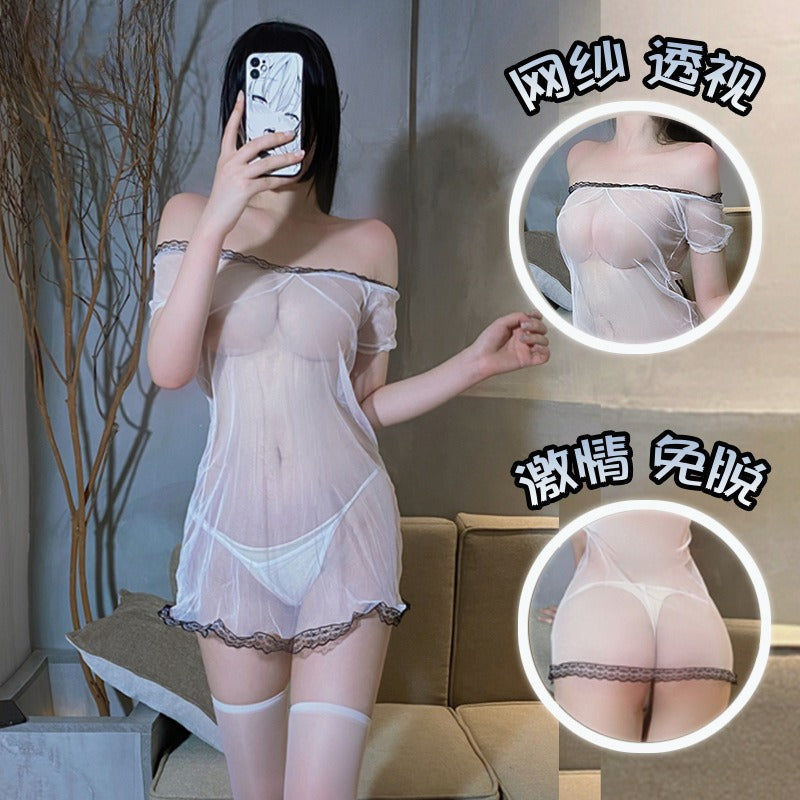 Image of Sexual Affection Lingerie Mesh Pajamas See-Through Set Extreme Temptation Open Gear Free Couple Adult Home Pajamas